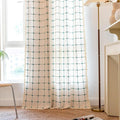 Deeprove Boho Curtains 63 Inches Length for Kitchen Cafe, Cotton Linen Plaids Beige Turquoise Teal Embroidery Semi Blackout Bohemian Farmhouse Window Treatment Grids Drape Tassels, 1 Panel W52 x L63