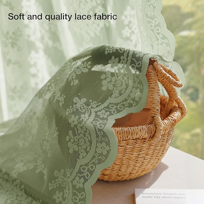 Anmao Vintage Sage Green Lace Curtains 84 Inches Long 2 Panels Sets, Romantic Light Filtering Semi Sheer Floral Thick Lacy Curtain Drapes for Living Room and Bedroom, Each Panel 55W x 84L, Sage Green