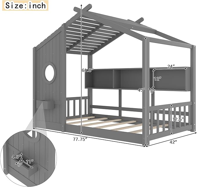 Twin Size Floor House Bed with Roof and Window for Kids, Wooden Playhouse Bed with Storage Shelves for Bedroom Furniture Girls & Boys (Gray/L2, Twin)