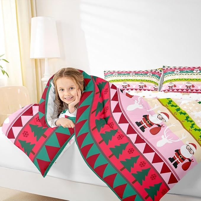 Feelyou Merry Christmas Tree Bedding Set Soft for Boys Girls, Cute Snowman Comforter Set Full Size Santa Claus Duvet Quilt Microfiber Cartoon Bowknot Bedroom Decor 3 Pcs with 2 Pillow Cases