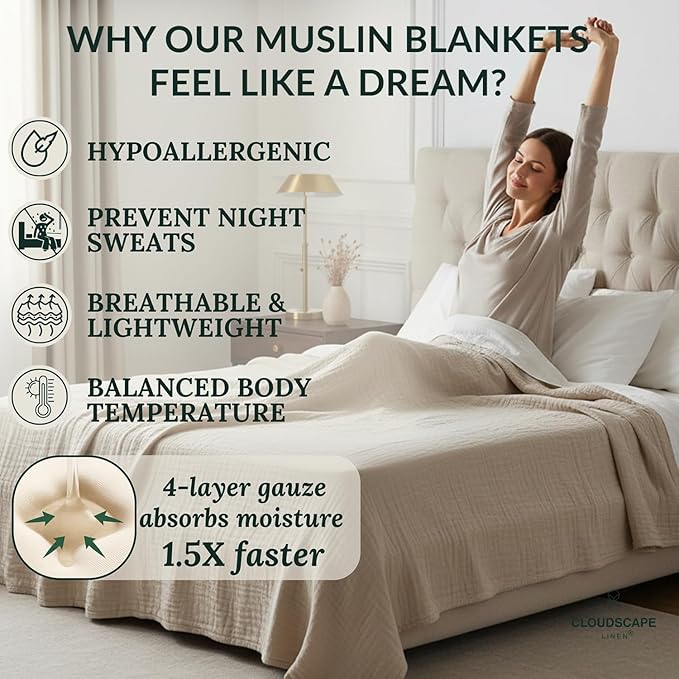 Cloud Scape Linen 4 Layer Oversized Muslin Blanket King Size - 100% Cotton, Lightweight & Breathable All Season Blanket for Bed, fits California King, 92x108, Beige Fog