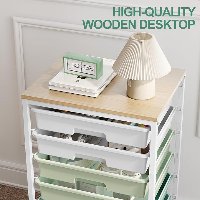 Storage Cart with 8 Drawers, Utility Cart with White Drawers and Wooden Tabletop, Craft Cart, Teacher Organization for Classroom, Storage Furniture, Office Organization, Green