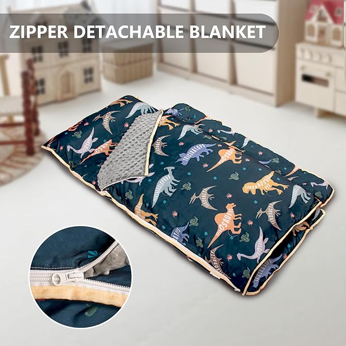 Primlect Toddler Nap Mat Extra Large Thickened 55''x35'', Soft Sleeping Bag with Detachable Minky Blanket and Pillow, Portable for Daycare, Preschool, Kindergarten, Travel, Boys and Girls