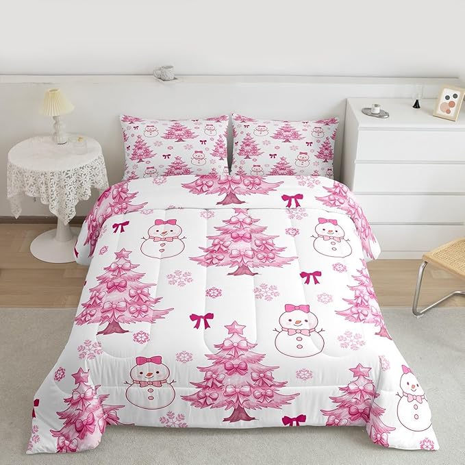 Feelyou Merry Christmas Kids Comforter Set Full Size Cute Snowman Bedding Set Cartoon Bowknot Duvet Quilt for Kids Boys Girls Bedroom Christmas Tree Decor Microfiber Ultra Soft Breathable