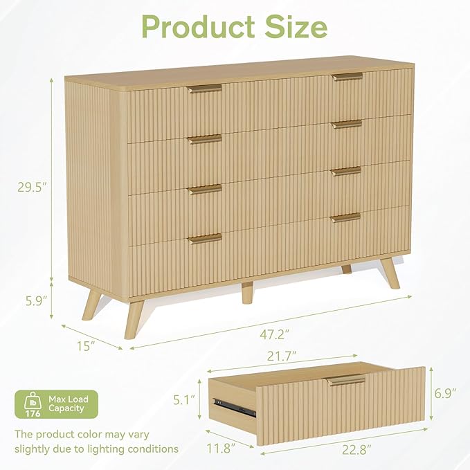 Boho Fluted 8 Drawer Dresser for Bedroom, Chest of Drawers with Solid Wood Legs, Modern Dresser Chest Cabinet Organizer with Golden Handles, Beside Table for Closet, Hallway, Bedroom