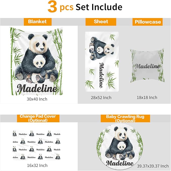 Custom Crib Bedding Set - Panda Design Personalized Name Baby Nursery Bedding 3 Pcs Set - Chic Soft Blanket, Sheet, Pillowcase for Newborns Boys Girls Gifts Color13