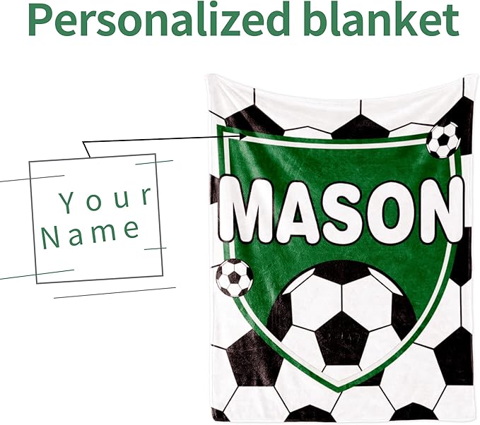 Personalized Soccer Blanket with Name for Boys, Custom Name Blanket for Kids, Soft Flannel Soccer Toddler Blanket Customized Gift for Birthday Christmas Baby Shower Newborn Gift 30'' X 40''