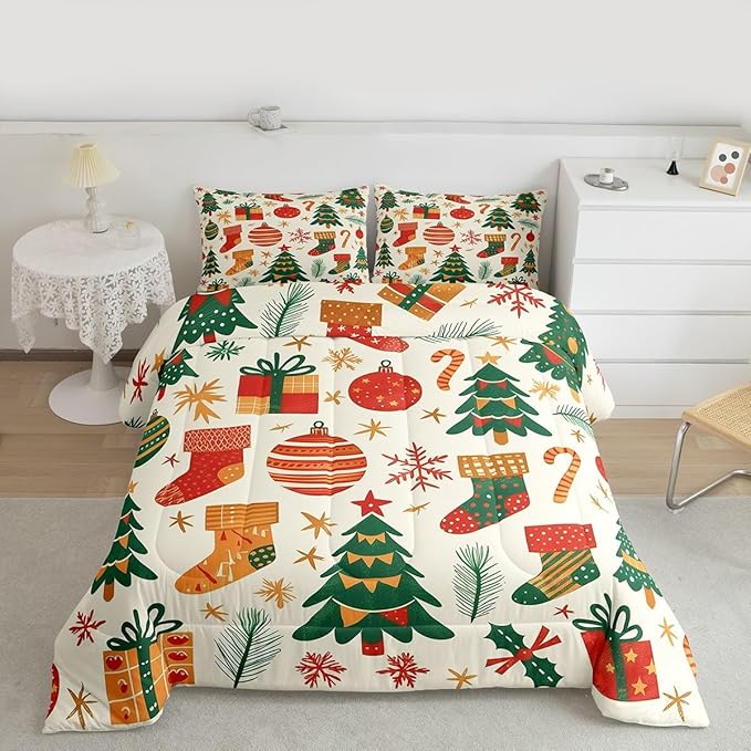 Feelyou Christmas Comforter Set All Season Xmas Tree Bedding Set with 2 Pillow Cases New Year Gift Microfiber Kids Full Bedclothes Christmas Stockings Bedroom Decor Duvet Quilt Breathable Soft