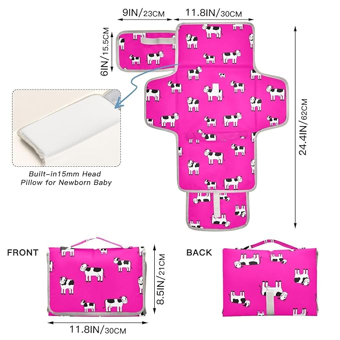 Cows Portable Changing Pad with Built-in Pillow, Waterproof Foldable Baby Diaper Changing Pads, Diaper Mat for Boys and Girls