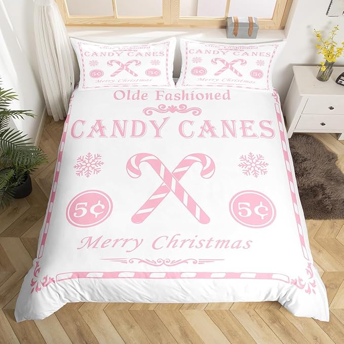 jejeloiu Christmas Bedding Set Twin Size Kids Christmas Quote Comforter Cover Set for Boys Girls Teens Candy Canes Print Duvet Cover Xmas Bedspread Cover Room Decorations Pink Quilt Cover