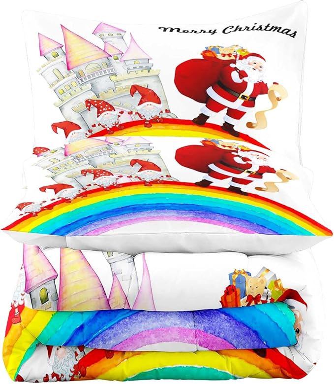 LUVIVIHOME 3PCS Merry Christmas Comforter Set King Size, Funny Santa Claus Bedding, Gnome Castle Rainbow Christmas Bedroom Decor for Kids Girls Boys Teens, White Quilt, Xmas Gifts, 2 Pillow Cases