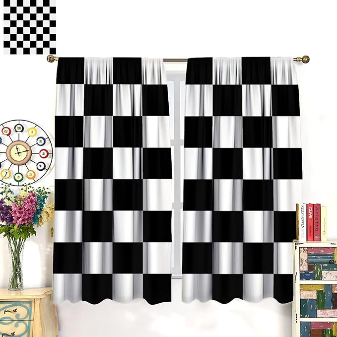 Black Checkered Curtains,70s Vintage Twisted Checkered Window Drapes Colorful Groovy Trendy Wavy Hippie Grid Print Window Treatments for Kids Boy Bedroom Living Room 42" W X 54" L
