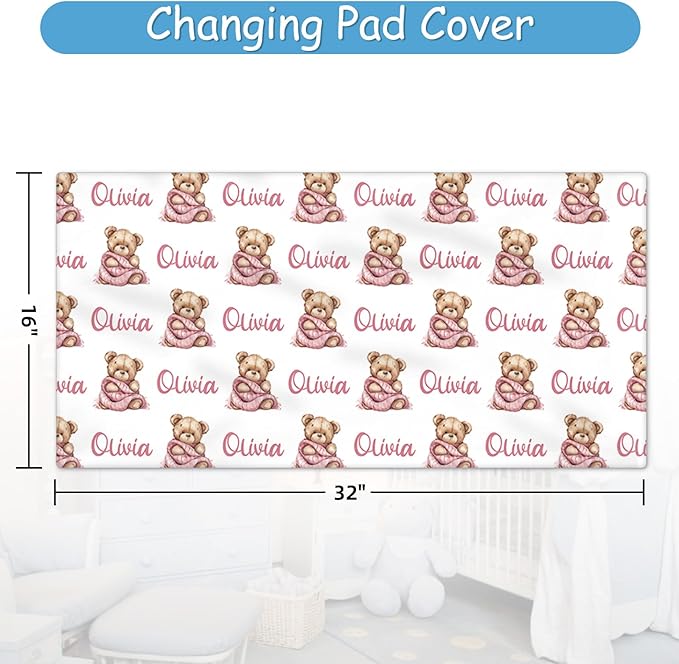 Personalized Crib Bedding Set for Girls, Custom Name Nursery Bedding Sets 5 Pcs, Pink Bear Baby Crib Set for Newborn Infant Toddler, Soft Flannel Double Layer Baby Blanket, New Parents Gifts