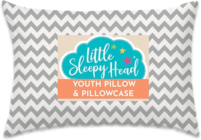 Little Sleepy Head Youth Pillow with Pillowcase 16x22, Soft Jumbo Toddler Pillows, Hypoallergenic Pillow Case - Best Kids Pillows for Sleeping, Perfect Kids Travel Pillows (Chevron Gray)