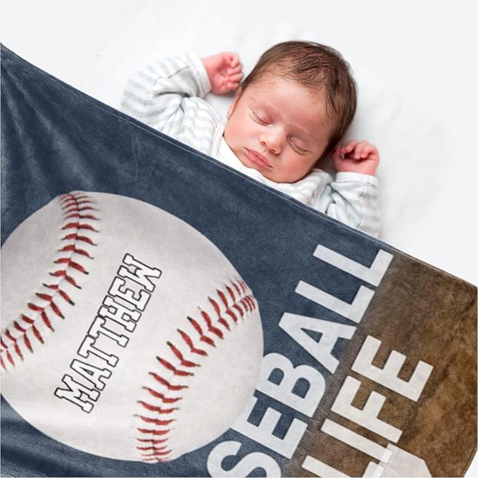 Personalized Baby Balll Soft Blanket: Custom Kids Baseball Design Blanket with Name and Number - Bedding Gifts for Infants Toddlers Adults 60x80inch