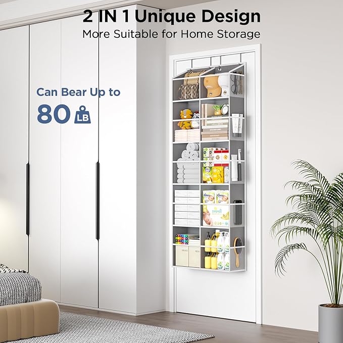 5-Tier Over The Door Organizer with 10 Side Mesh Pockets & Clear Windows, 80 lb Weight Capacity Hanging Storage for Bathroom, Bedroom, Nursery, Kitchen, Organizer Toys (Grey Clear wind 2 Pack)