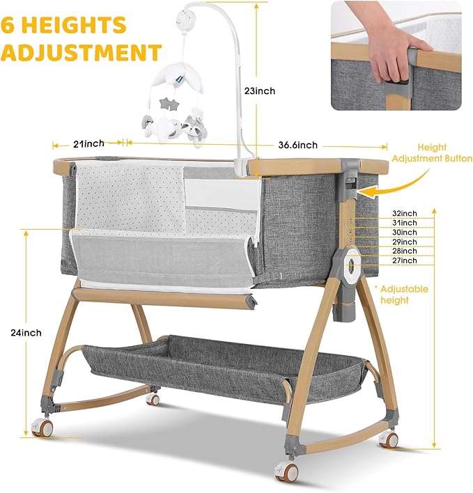 Bassinet Bedside Sleeper,Bedside Bassinet,Rocking Bassinet,3 in 1 Baby Bassinet with Mattress,Mobile,Mosquito Net,Storage Basket,6-Height Adjustable Portable Bassinet with Wheels for Newborn Infants