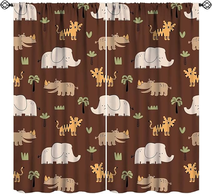 Jungle Safari Animals Blackout Curtains Cartoon Tropical Forest Animals Elephant Tiger Brown Art Print for Kids Boys Bedroom Nursery Rod Pocket Decoration Window Drapes 2 Panels W21xL45in