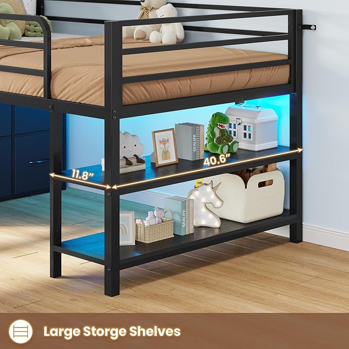 BTHFST Low Loft Bed Twin Size with 6 Storage Drawers, LED Lights, 2 Tier Storage Shelves, Kids Metal Loft Bed with 15" H Stairs & Safety Guardrail, Spave Saving, Black