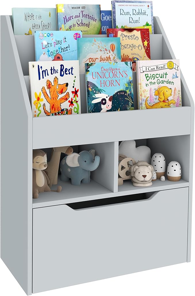 HOMCOM Kids Bookcase Multi-Shelf Rack Organizer with Storage Drawer for Books, Playroom, Gray