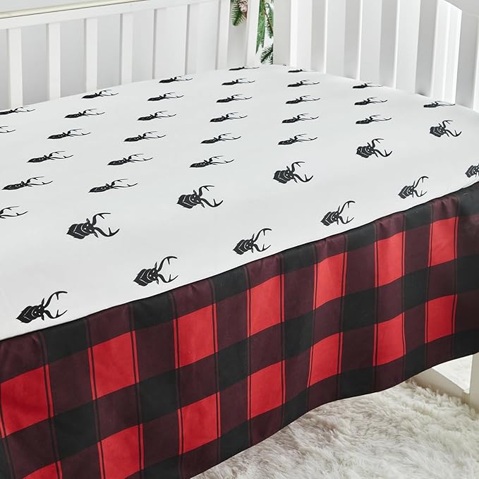Christmas Gray Crib Bedding Set 3 Pieces New Year Style Quilted Plaid Comforter with Fitted Sheet and Bed Skirt - Cute Snowman Tree Deer Red Black Design Baby Crib Bed Set