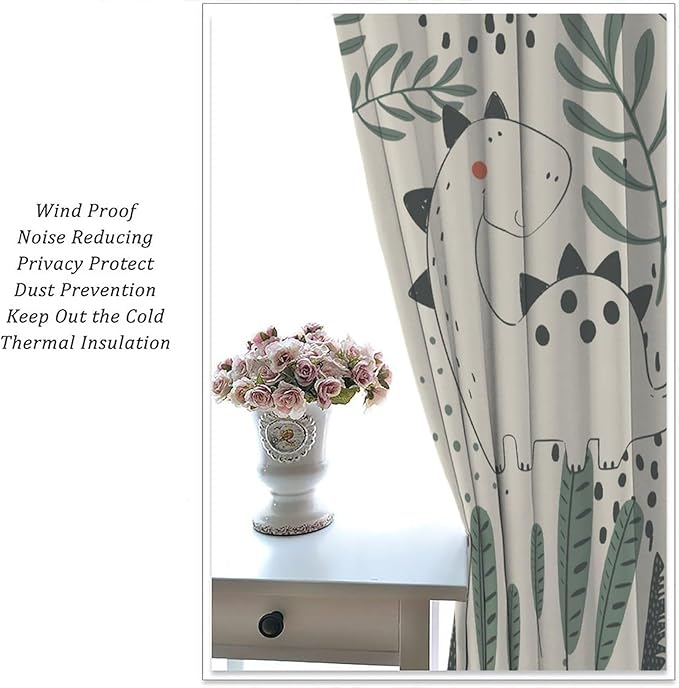 Funny Dinosaur Curtains, Jungle Cute Cartoon Animals Tropical Leaves Plant Beige Green Print Blackout Window Treatments for Kids Boys Girls Bedroom Living Room 52x84in