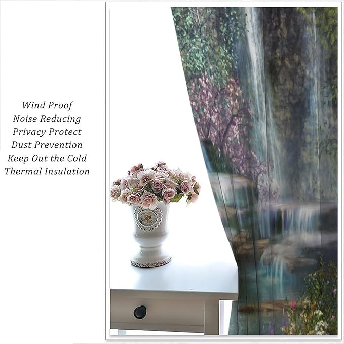 Natural Waterfall Blackout Window Curtains, Waterfalls Flowers Trees Landscape Window Drapes, for Living Room Bedroom 63" W X 63" L