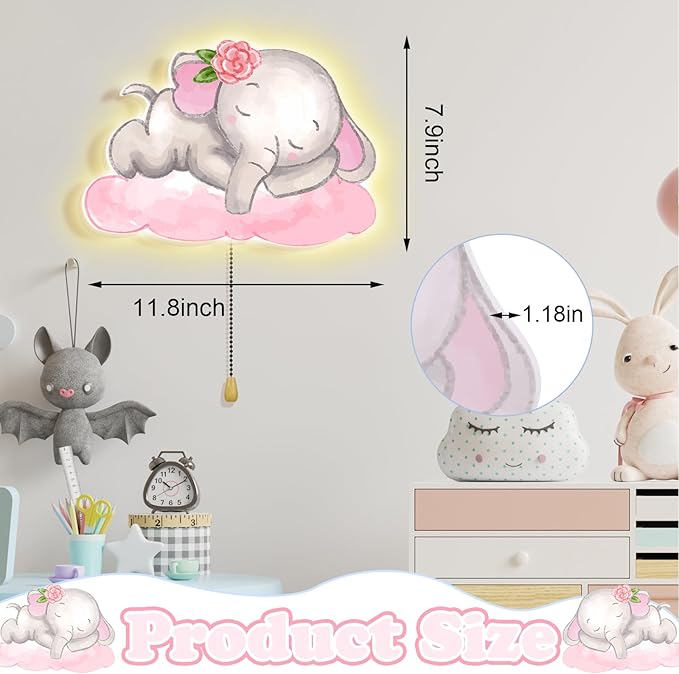 Elephant Night Light Wall Lamp Sleeping Nursery Lighting Cute Floating Battery Operated Hanging Lamp for Baby Boys Girls Bedroom Room Nursery Wall Decorations