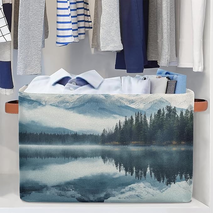Collapsible Storage Bin 15x11in Mountain Lake Water Pattern Easter Storage Basket for Shelves, Dog Toy Organizing