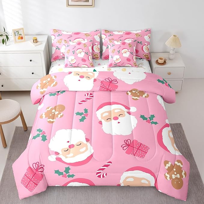 Christmas Gingerbread Man Kids Bedding Set Cartoon Christmas Santa Claus Comforter Set with Sheets for Boys Children Decor Pink Bed in a Bag New Year Bed Set 7Pcs King Size