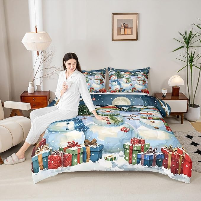 jejeloiu Kids Snowman Comforter Set King Size Countryside Christmas Theme Bedding Set for Boys Girls Teens Xmas Tree Snowflake Winter Happy New Year Duvet Quilt Room Decor