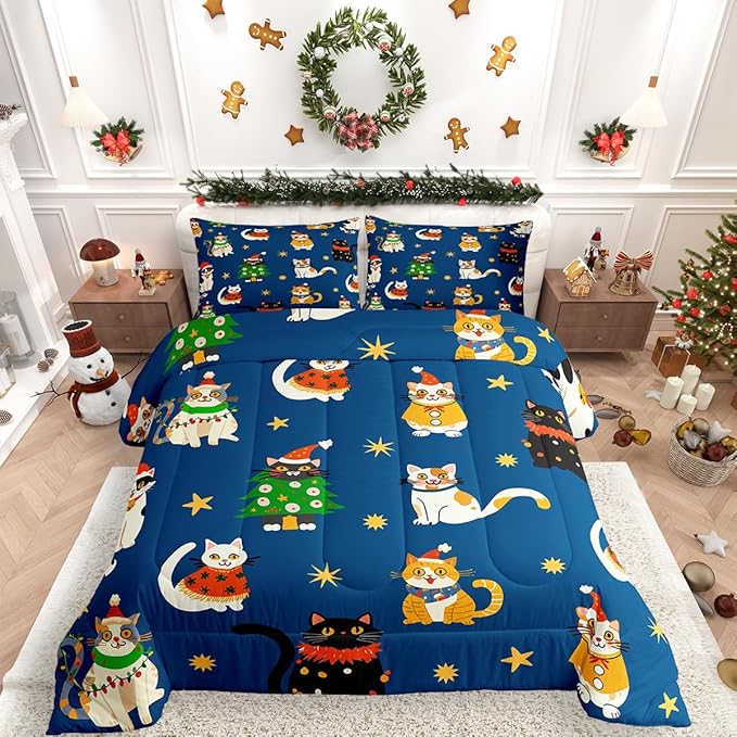 Erosebridal Merry Christmas Kids Cartoon Bedding Set Full Size Cute Cat Comforter Set Xmas Tree Quilts for Teens Boys Girls Room Decor,Kawaii Animals Duvet Insert,Blue