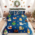 Erosebridal Merry Christmas Kids Cartoon Bedding Set Toddler Size Cute Cat Comforter Set Xmas Tree Quilts for Teens Boys Girls Room Decor,Kawaii Animals Duvet Insert,Blue