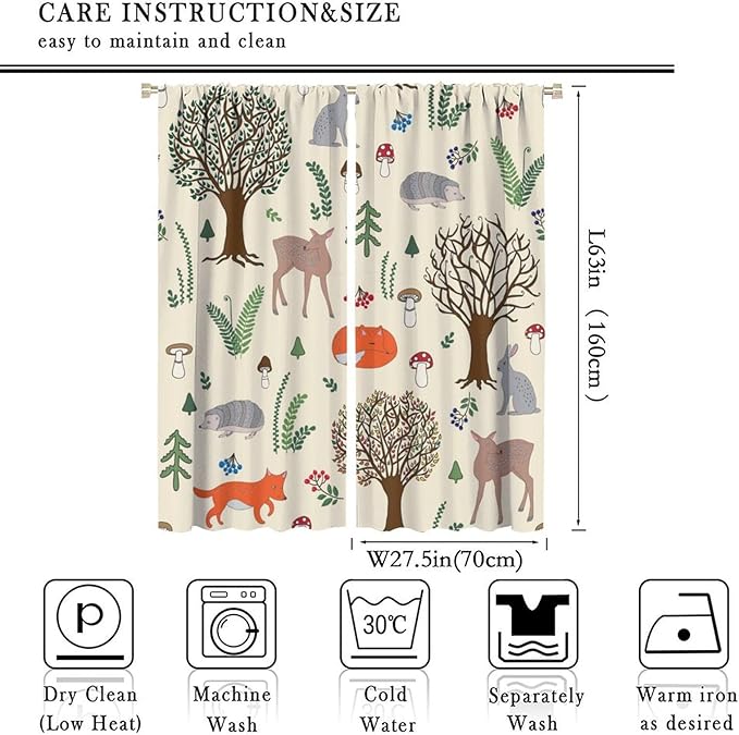 Kids Forest Animal Curtains, Rustic Cute Wild Animal Fox Deer Hedgehog Window Treatments Farmhouse Woodland Window Drapes for Girls Boys Nursery Toddler Bedroom 55x63in