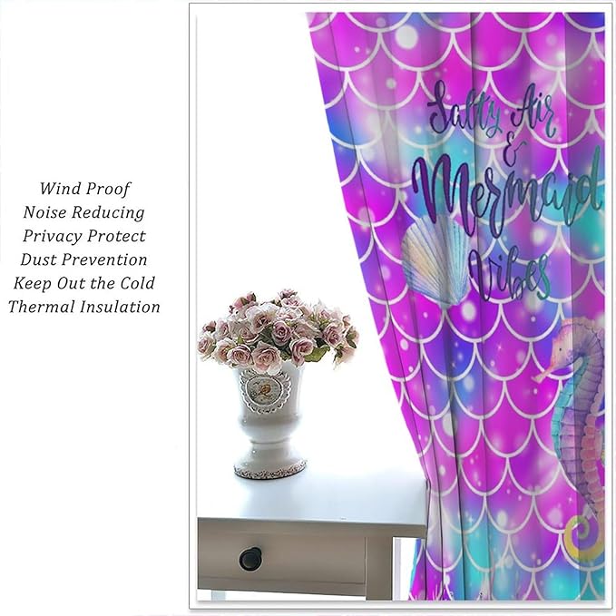 Dream Mermaid Curtains for Kids Boys Girls Ocean Theme Colorful Rainbow Fish Tail Blackout Window Treatment for Bedroom Nursery Room Decor Window Drapes 63" W X 63" L