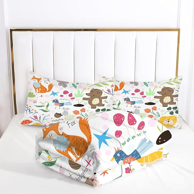 Comforter Set Cartoon Animals: King Size Cute Bedding Sets for Women Adult Teens Girls Kawaii Bedroom Fox Bear Lion Flowers Soft Quilt Bed Set 1 Comforter & 2 Pillowcases