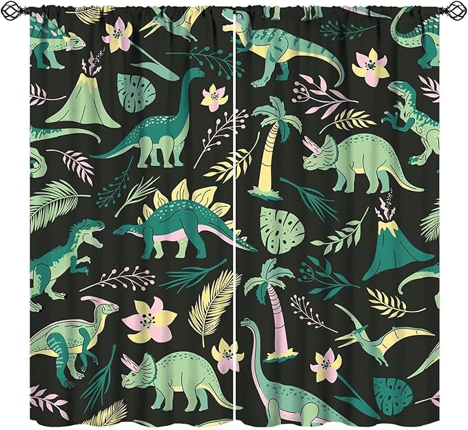 Dinosaurs Blackout Curtains Cartoon Cute Funny Dino Tropical Jungle Green Art Print for Kids Boys Bedroom Living Room Rod Pocket Decoration Window Drapes 2 Panels W42xL84in