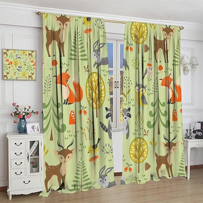 Cute Animals Curtains, Fox Bear Cartoon Wild Animals Blackout Window Treatments, Rod Pocket Thermal Insulated Drapes 2 Panel Sets for Kids Bedroom Nursery Classroom, 63" W X 72" L