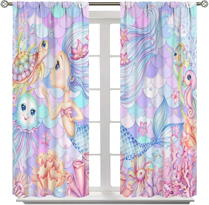 Fantasy Mermaid Curtain Dream Cartoon Marine Organisms Turtle Coral Ocean Theme Dream Blackout Window Treatment for Kids Girls Bedroom Nursery Room Decor Rod Pocket Window Drapes 42x54in