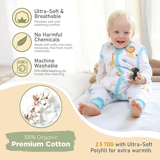 Mama Cheetah Toddler Sleep Sack with Feet 2T, 2.5 TOG Organic Cotton Baby Sleeping Bag with Legs, Baby Wearable Blankets for Walkers w/ 2-Way Zipper, Baby Sleep Sack for Girls Boys, Medium