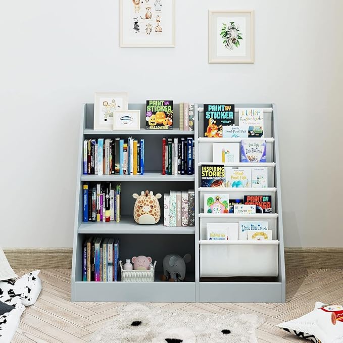 NACHES Montessori Kids Bookshelf Fabric Sling Pockets & Open Shelves – Front Facing Toddler Book Display and Toy Storage Organizer for Nursery Playroom or Bedroom 35" Wide (Gray, Middle)