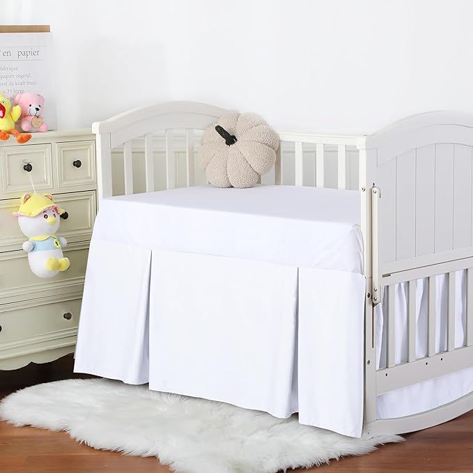 Crib Skirt Dust Ruffle, 100% Egyptian Cotton 400 Thread Count Soft Breathable Crib Bedding Skirt for Baby, Boys and Girls, 52"X28" with 14" Crib Bed Skirt Fading Resistant (White Solid)