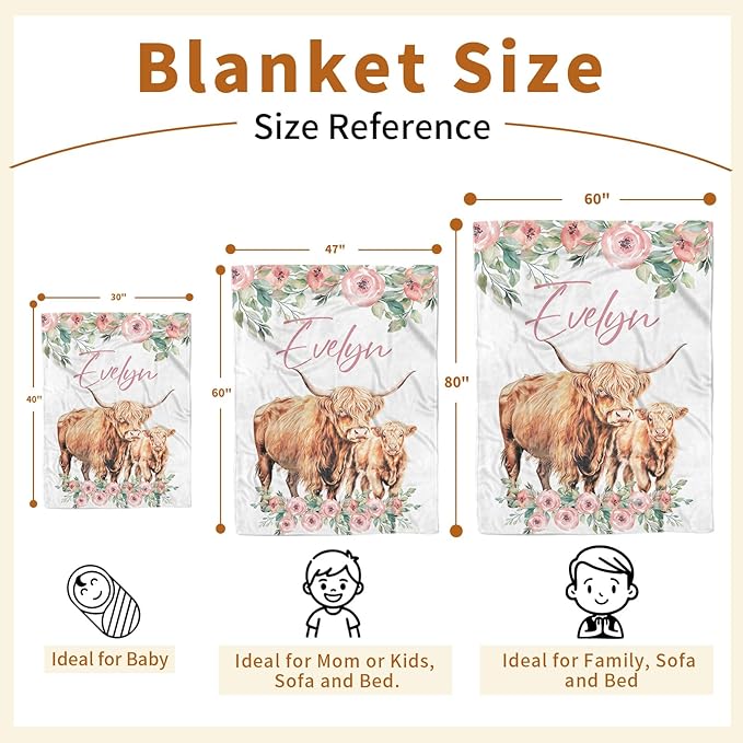 Personalized Baby Blanket for Boys, Custom Name Blanket for Girl Newborn Mom, Soft Flannel with Double Layer Dotted Backing, Gifts for Baby Shower Christmas Birthday, Highland Cow(30”x40)