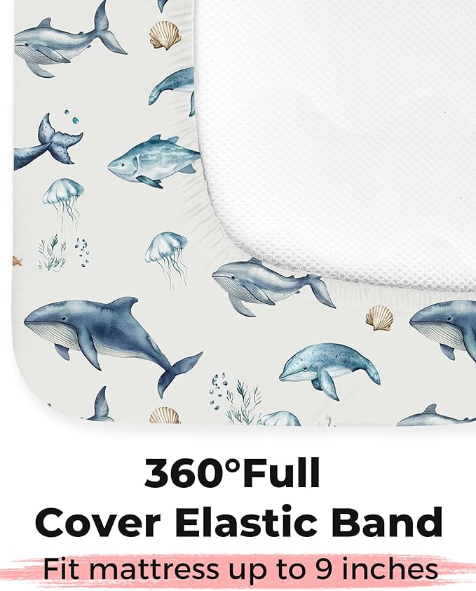 Crib Sheets for Boys and Girls, 2 Pack Fitted Baby Sheets for Standard Toddler Mattress 28" x 52", Soft Breathable Jersey Knit Baby Bedding (Turtle & Shark)
