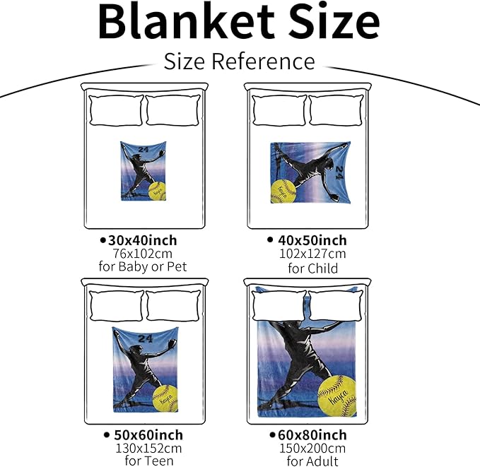 Custom Softball Blanket with Name Number: Personalized Fluffy and Warm Gift for Baby Toddler Kids and Adults Birthday Skin-Friendly Flannel Fabric(50x60inch)