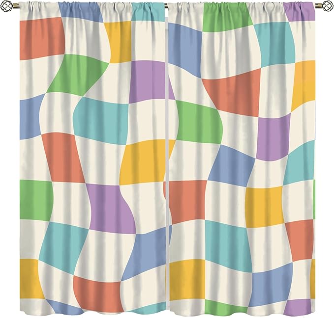 Checkered Curtains,70s Vintage Twisted Checkered Window Drapes Colorful Groovy Trendy Wavy Hippie Grid Print Window Treatments for Kids Girls Bedroom Living Room Bathroom 63" W X 72" L