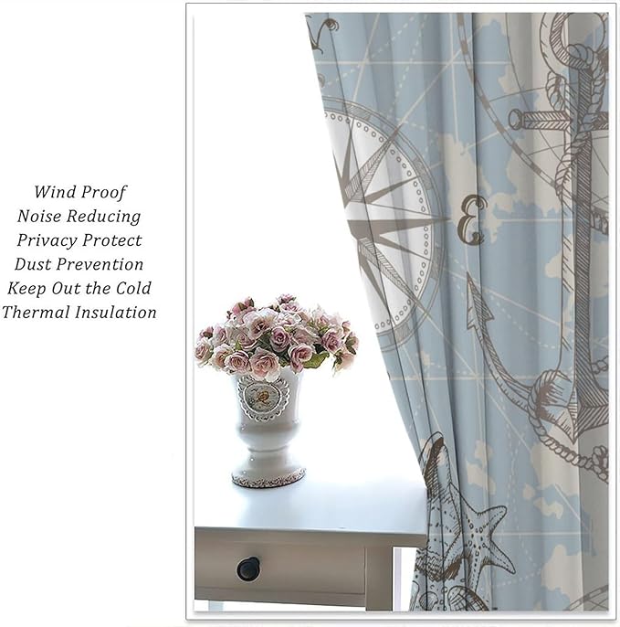 Nautical Costal Curtains, Compass Lighthouse Anchor Sailboat Pattern Blackout Print Home Bedroom Living Room Window Treatments 2 Panel Set 63x63 Inch
