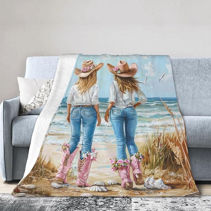 Coastal Cowgirl Blanket Cowgirl Beach Decor Throw Blanket Super Soft Flannel Lightweight Fluffy Plush Fuzzy Fleece Western Blanket Gifts for Girl Woman Boys Kids Adults Man for Bed Sofa 60"X80"