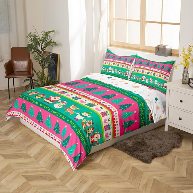 Christmas Bedding Set Cute Snowman Santa Claus Deer Comforter Cover for Kids Christmas Tree Xmas Theme Duvet Cover Breathable Pink Geometric Stripes Bedspread Cover Room Decor Quilt Cover Full Size