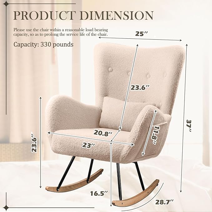 Waleaf Teddy Upholstered Rocking Chair Indoor with High Backrest Glider, Padded Seat Nursing Chair Comfy for Bedroom (Beige)